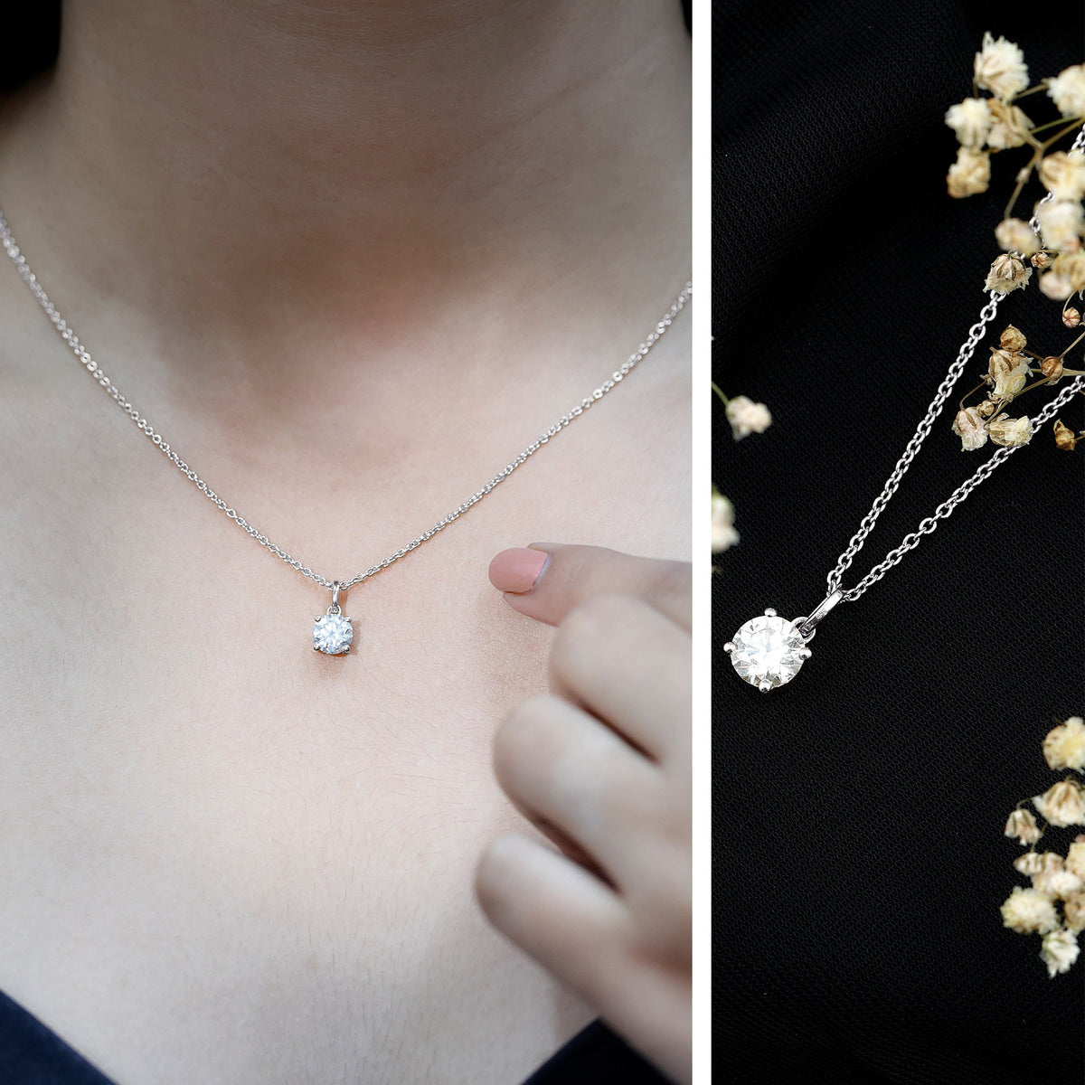Certified 1 Carat Round Brilliant Cut Moissanite Solitaire Necklace With Silver Chain