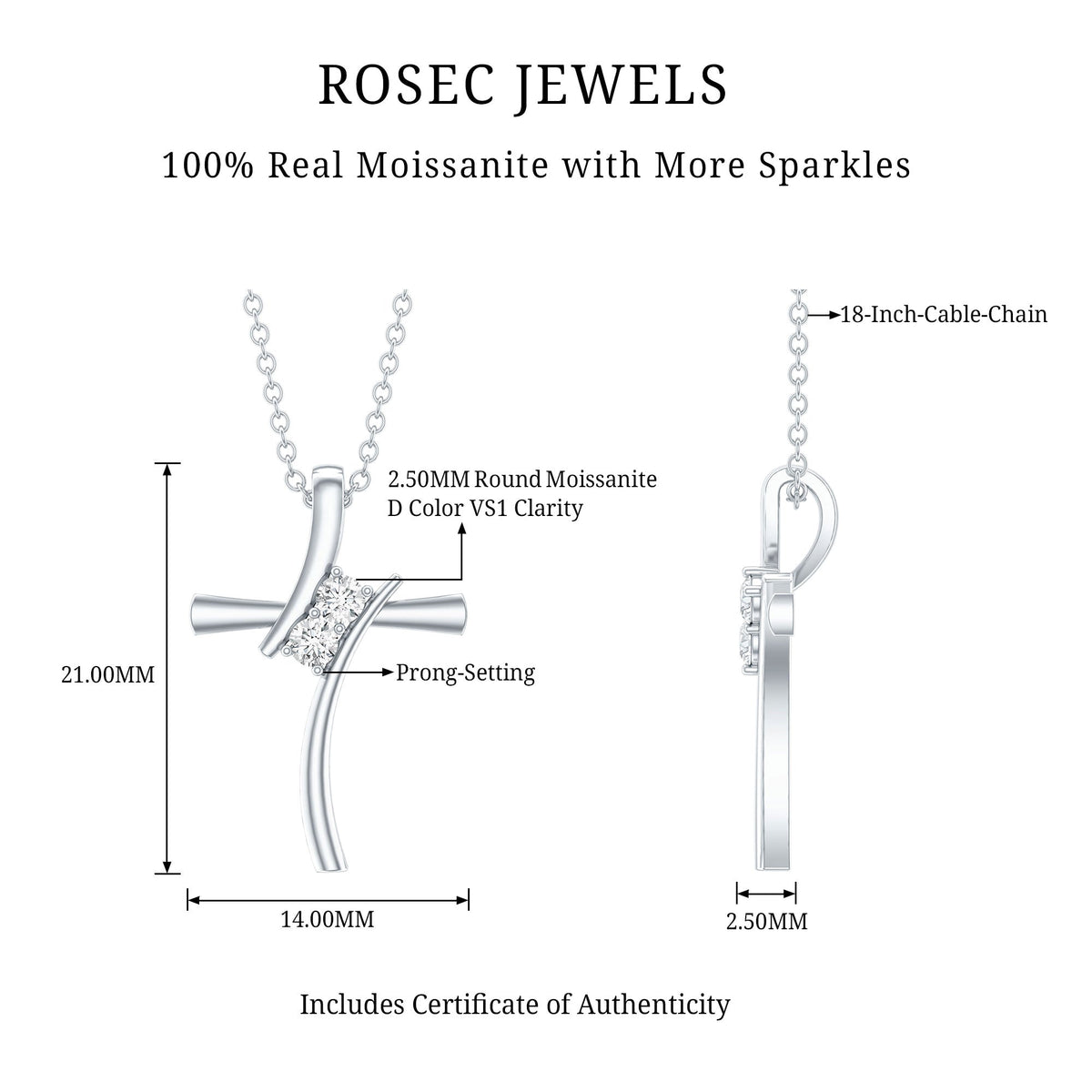Certified Moissanite Cross Pendant Necklace With Chain