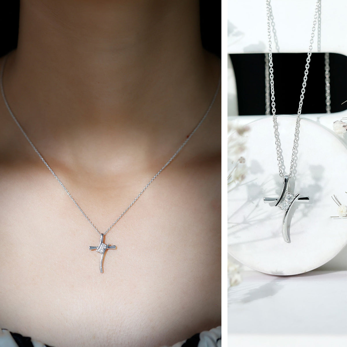 Certified Moissanite Cross Pendant Necklace in sterling Silver