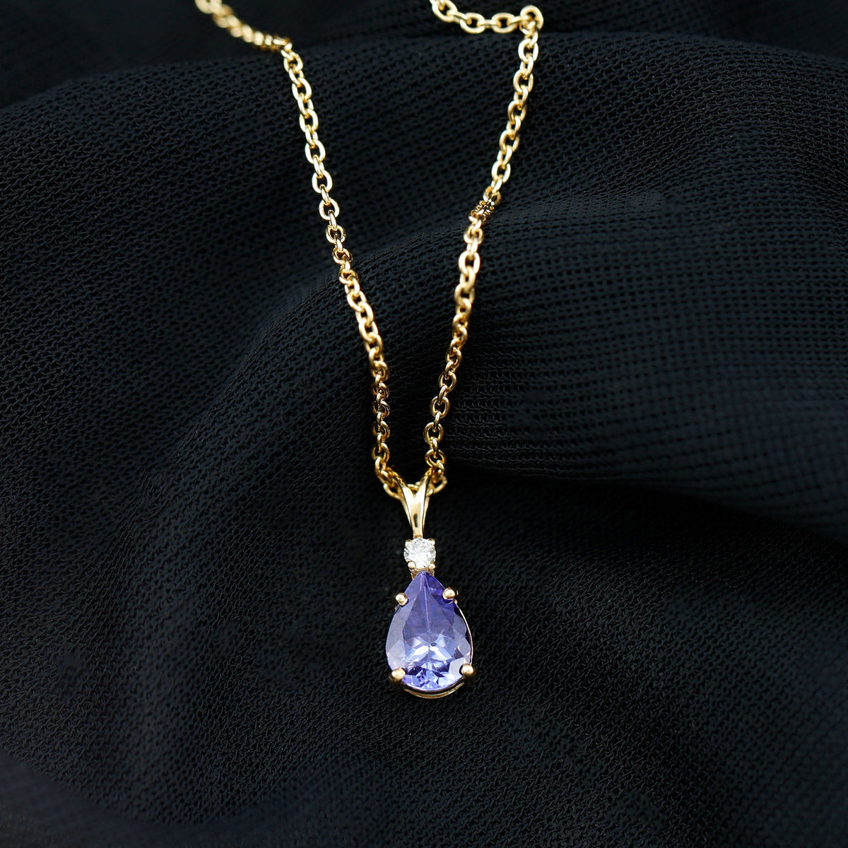 Real Tanzanite Teardrop Pendant Necklace with Diamond