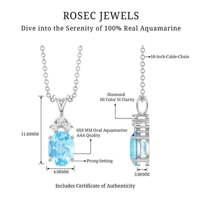 Real 1 Carat Oval Cut Aquamarine Pendant Necklace with Diamond Trio