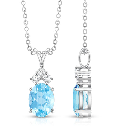 Real 1 Carat Oval Cut Aquamarine Pendant Necklace with Diamond Trio