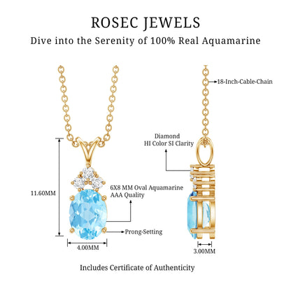 Real 1 Carat Oval Cut Aquamarine Pendant Necklace with Diamond Trio