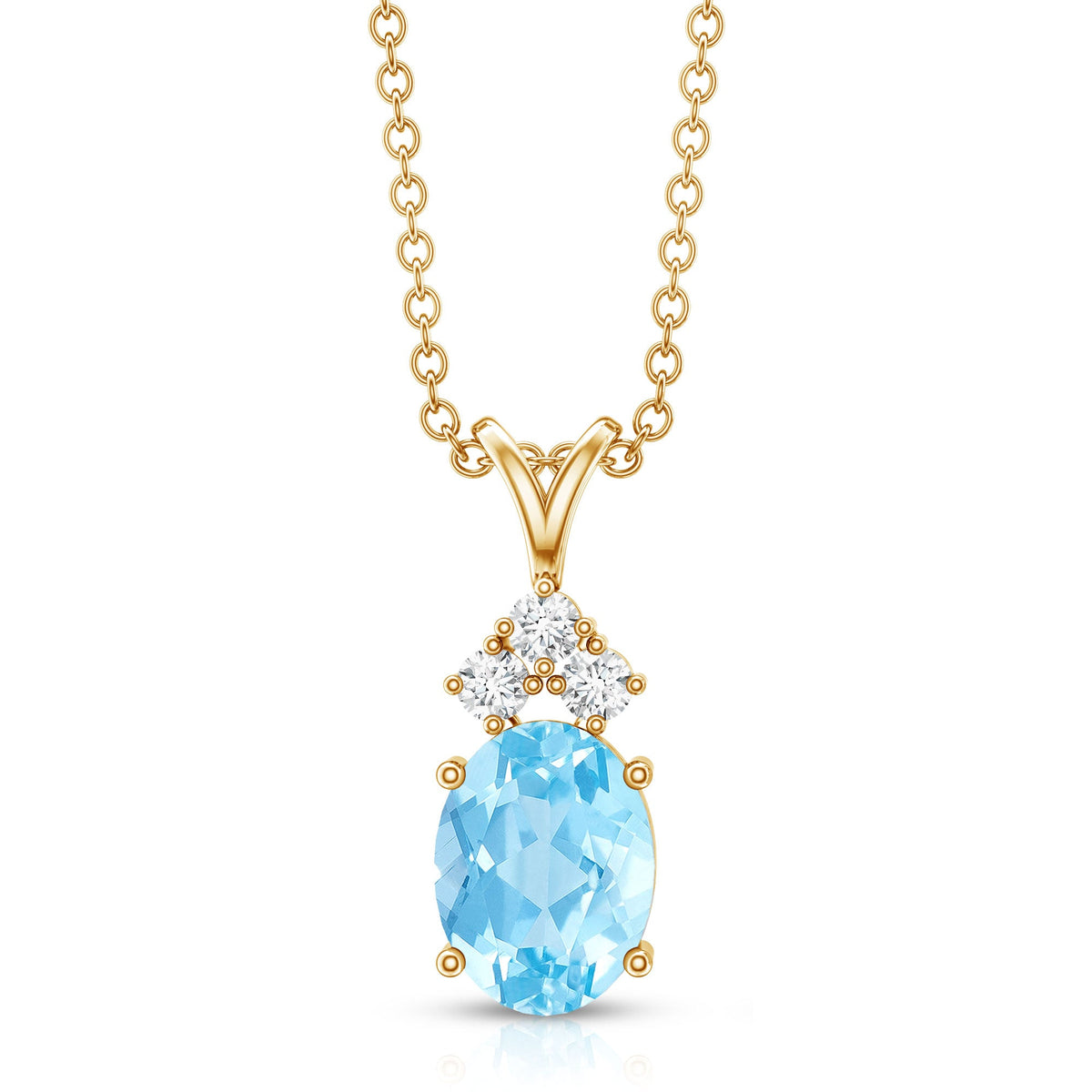 Real 1 Carat Oval Cut Aquamarine Pendant Necklace with Diamond Trio