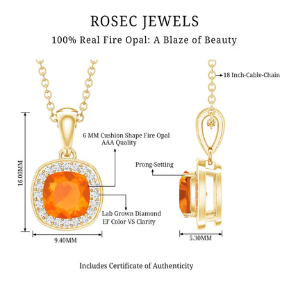 Certified 1 Carat Cushion Cut Fire Opal Pendant Necklace with Diamond Halo