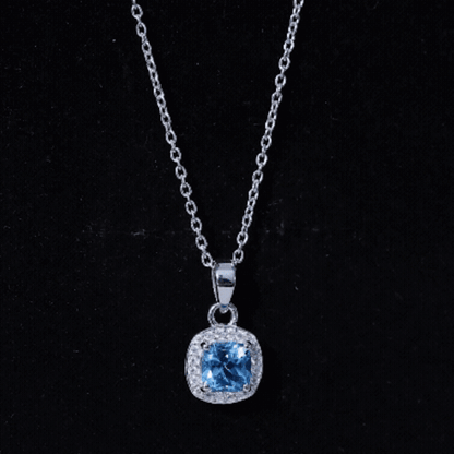 Natural Cushion Cut Swiss Blue Topaz Moissanite Halo Necklace with Silver Chain