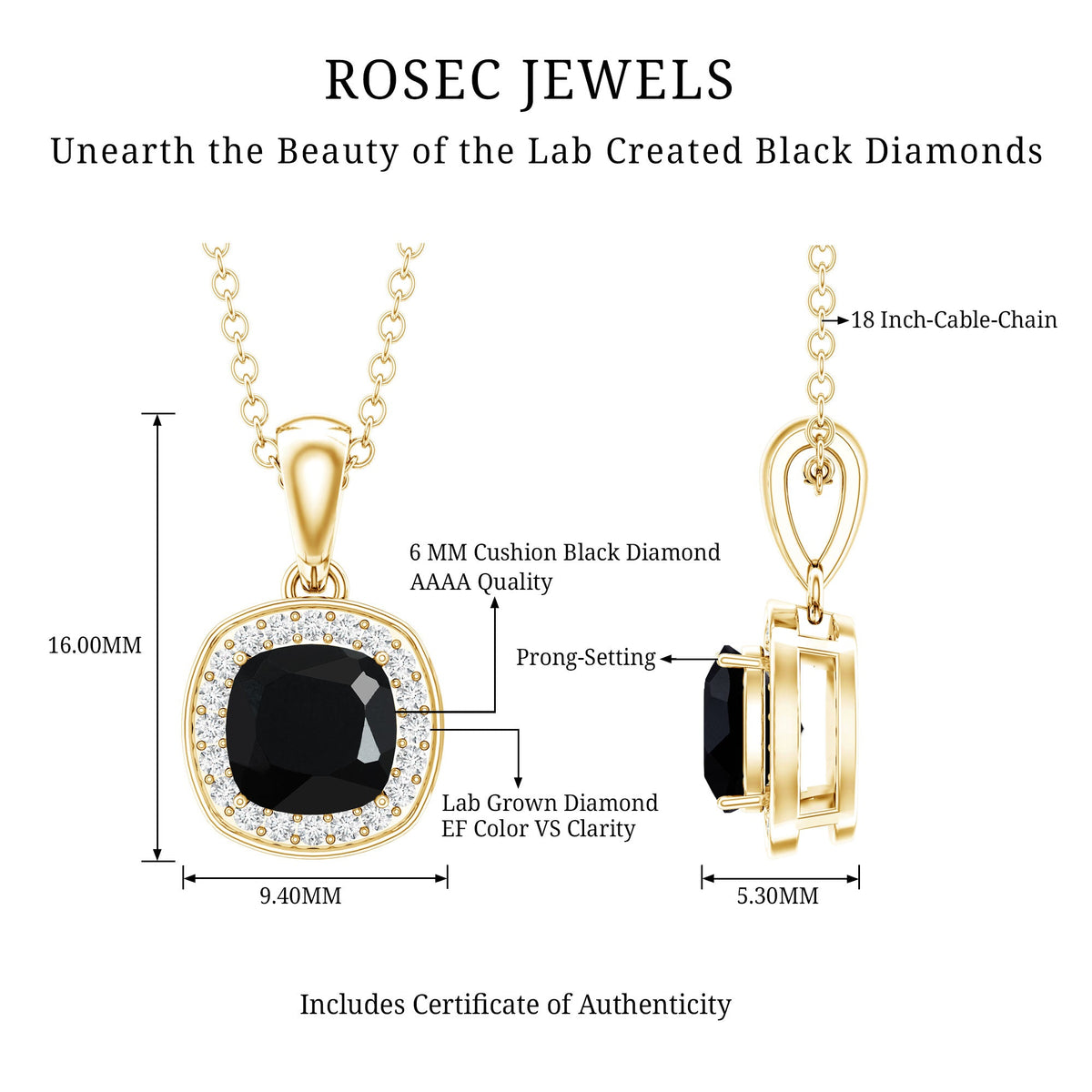 1.8 Carat Lab Grown Black and White Diamond Halo Necklace with Silver Chain
