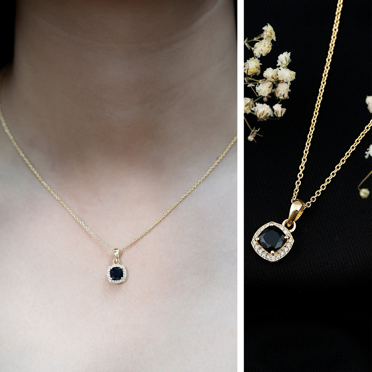 1.8 Carat Lab Grown Black and White Diamond Halo Necklace with Silver Chain