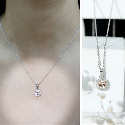 Natural Cushion Cut 1 Carat Morganite Necklace with Moissanite Halo
