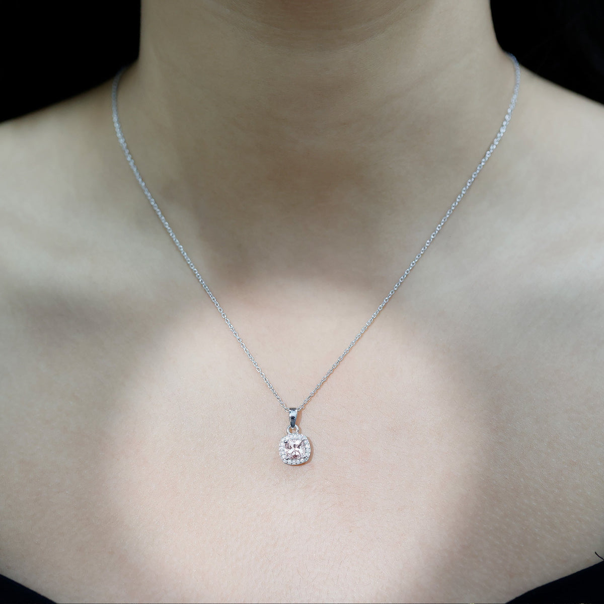 Natural Cushion Cut 1 Carat Morganite Necklace with Moissanite Halo