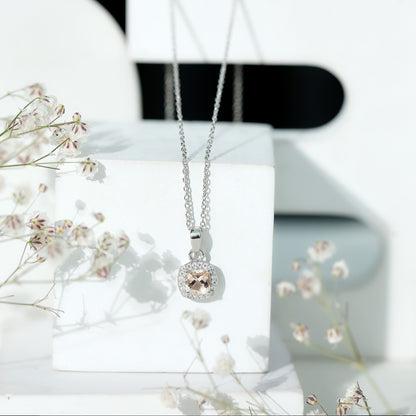 Natural Cushion Cut 1 Carat Morganite Necklace with Moissanite Halo