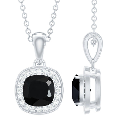 Certified 2 Carat Cushion Cut Black Spinel Necklace with Moissanite Halo
