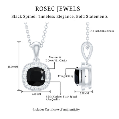 Certified 2 Carat Cushion Cut Black Spinel Necklace with Moissanite Halo