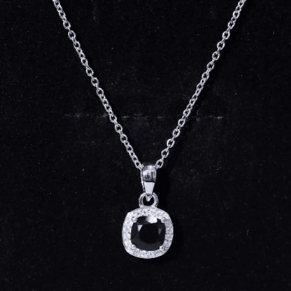 Cushion Cut 2 Carat Black Onyx and Moissanite Halo Necklace with Silver Chain