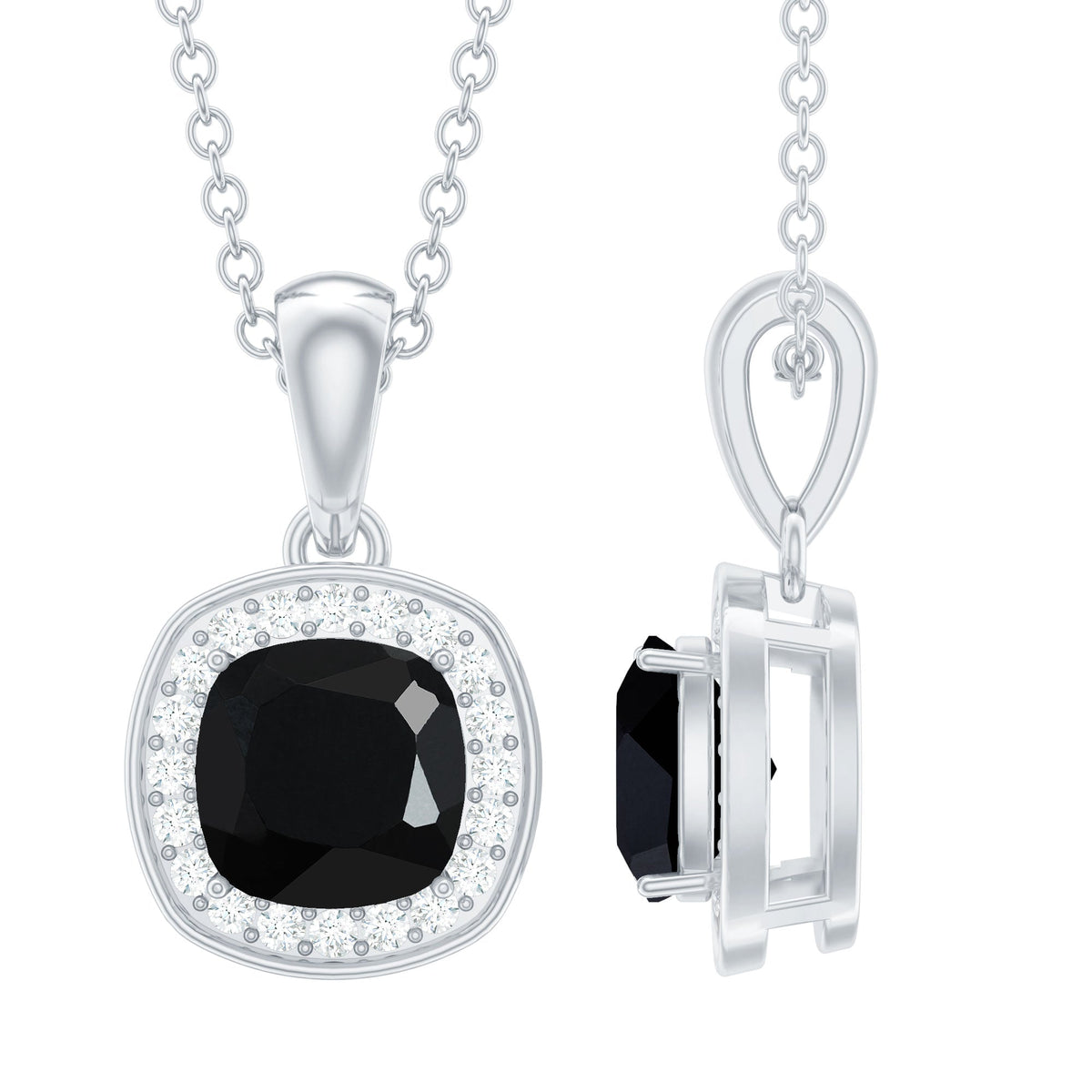 Cushion Cut 2 Carat Black Onyx and Moissanite Halo Necklace with Silver Chain