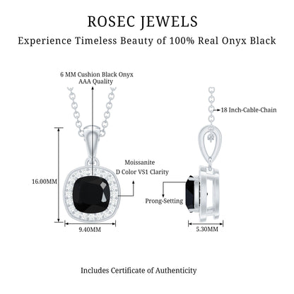 Cushion Cut 2 Carat Black Onyx and Moissanite Halo Necklace with Silver Chain