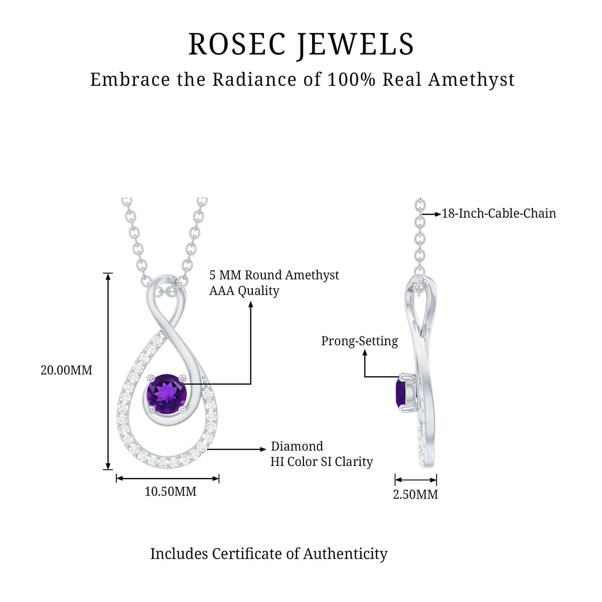 Natural Amethyst Infinity Pendant Necklace with Diamond