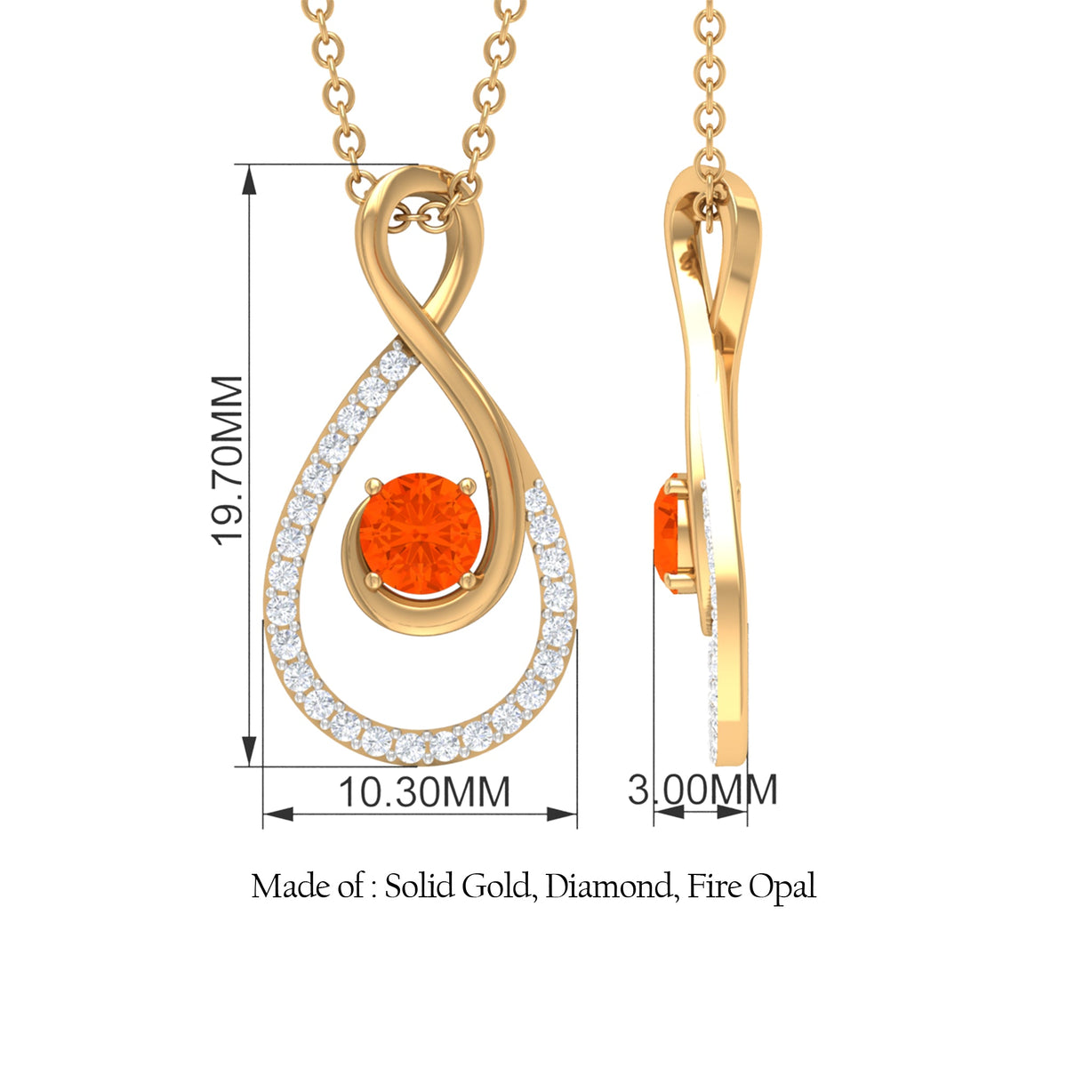 Natural Fire Opal Infinity Pendant Necklace with Diamond