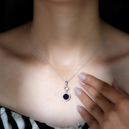 Lab Grown Blue Sapphire Halo Pendant with Moissanite