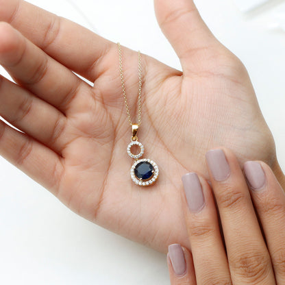 Lab Grown Blue Sapphire Halo Pendant with Moissanite