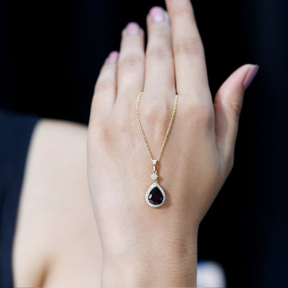 3.25 Carat Rhodolite Teardrop Necklace with Diamond Halo