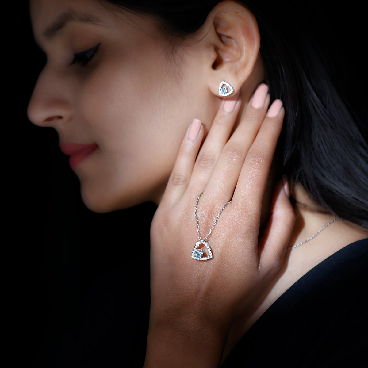 Certified Aquamarine and Moissanite Bridal Jewelry Set