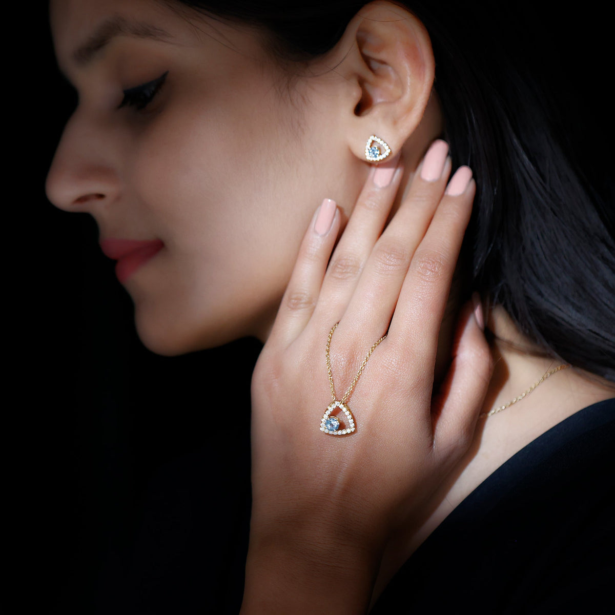 Certified Aquamarine and Moissanite Bridal Jewelry Set