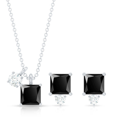 Natural Princess Cut Black Onyx Pendant and Earrings Set with Diamond