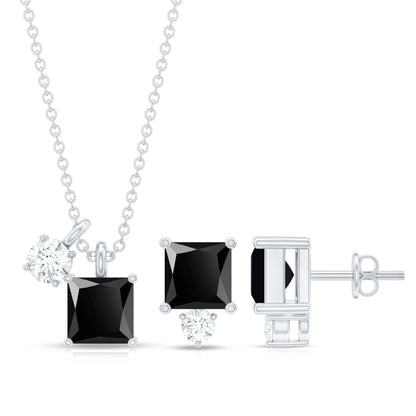 Natural Princess Cut Black Onyx Pendant and Earrings Set with Diamond