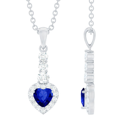 Real 0.65 Carat Blue Sapphire Heart Pendant Necklace with Diamond Halo