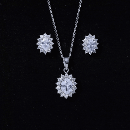 Oval Shaped Cubic Zirconia Halo Pendant and Earrings Set