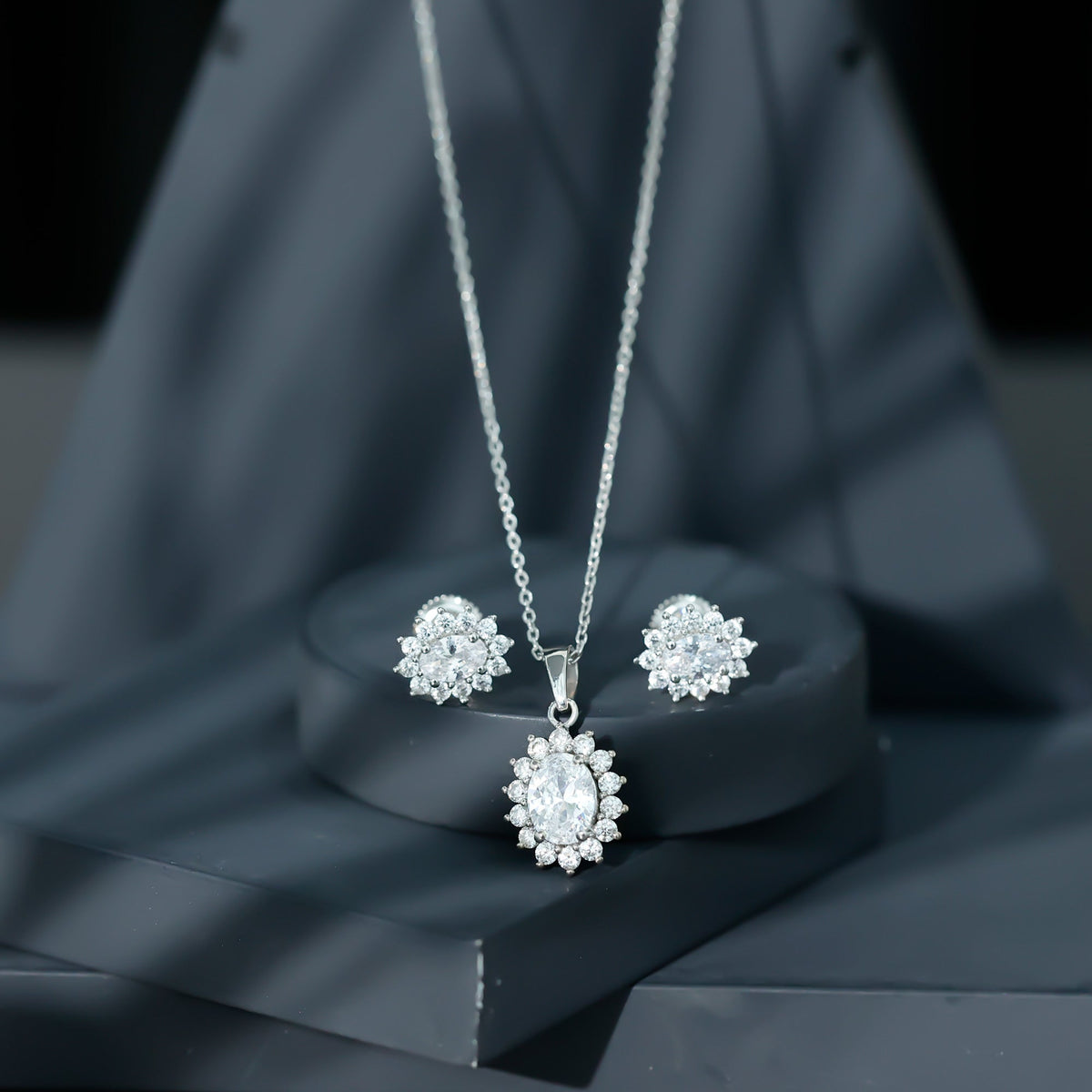 Oval Shaped Cubic Zirconia Halo Pendant and Earrings Set