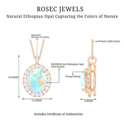 Real 1.3 Carat Ethiopian Opal Oval Pendant Necklace with Diamond Halo