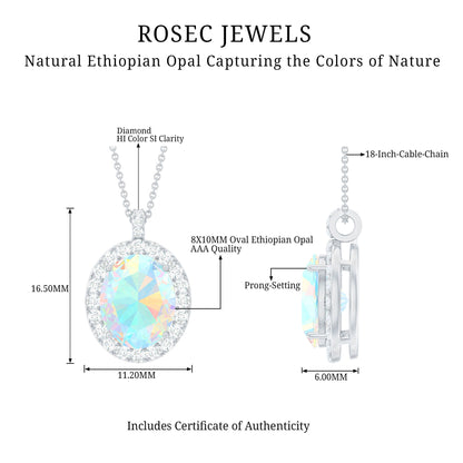 Real 1.3 Carat Ethiopian Opal Oval Pendant Necklace with Diamond Halo