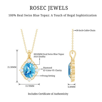 Vintage Style 2.5 Carat Swiss Blue Topaz and Diamond Necklace with Silver Chain