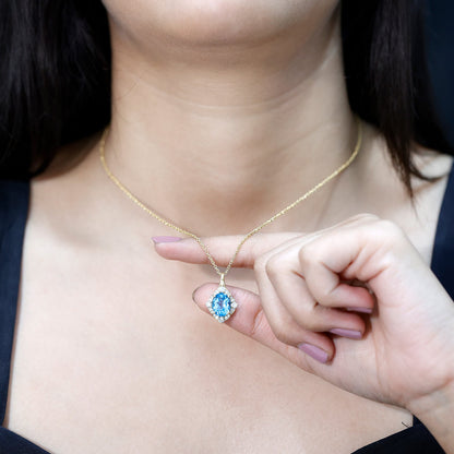 Vintage Style 2.5 Carat Swiss Blue Topaz and Diamond Necklace with Silver Chain