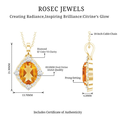 Genuine 2.5 Carat Citrine Diamond Vintage Necklace with Silver Chain