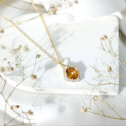 Genuine 2.5 Carat Citrine Diamond Vintage Necklace with Silver Chain
