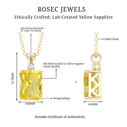 1.7 Carat Emerald Cut Lab Grown Yellow Sapphire Diamond Necklace with Chain