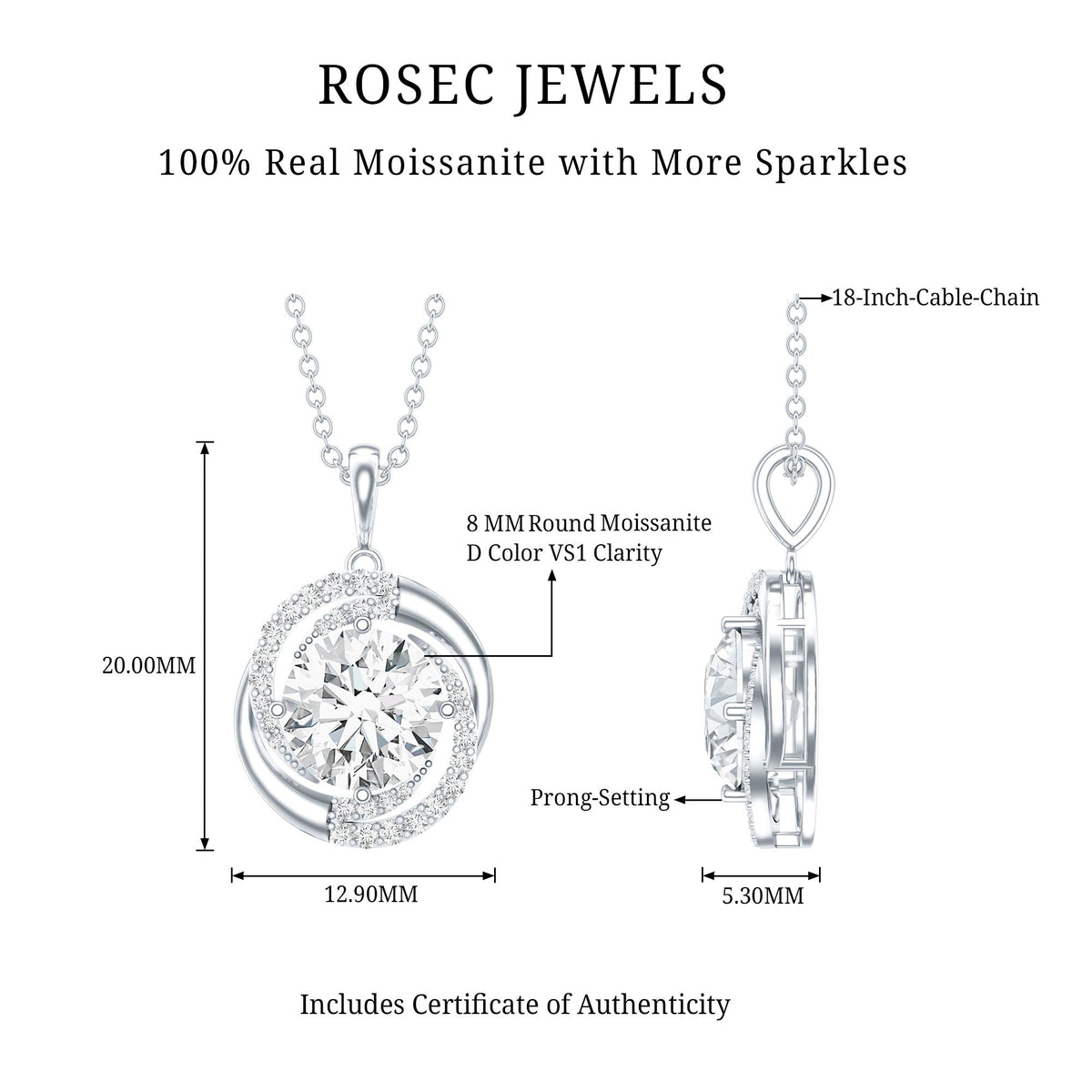 Certified 2 Ct Moissanite Swirl Necklace with Silver Chain
