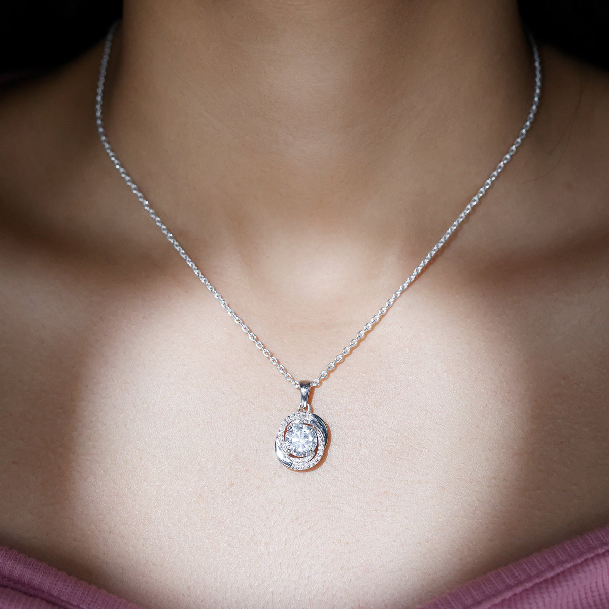 Certified 2 Ct Moissanite Swirl Necklace with Silver Chain