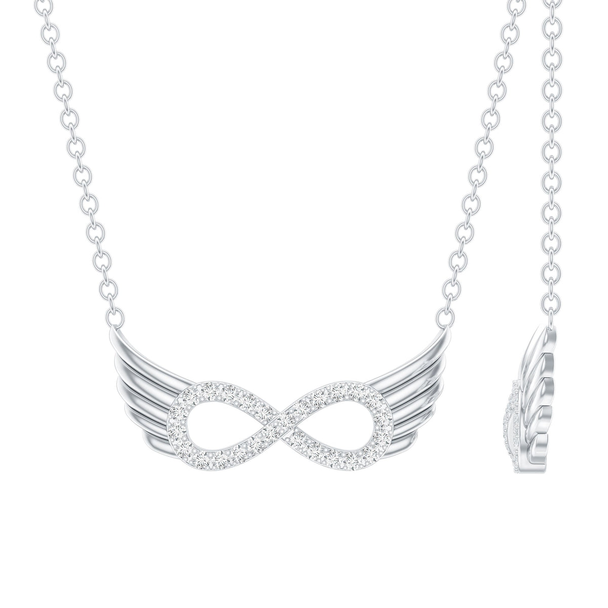 Sterling Silver Pave Set Moissanite Infinity Necklace with Wings
