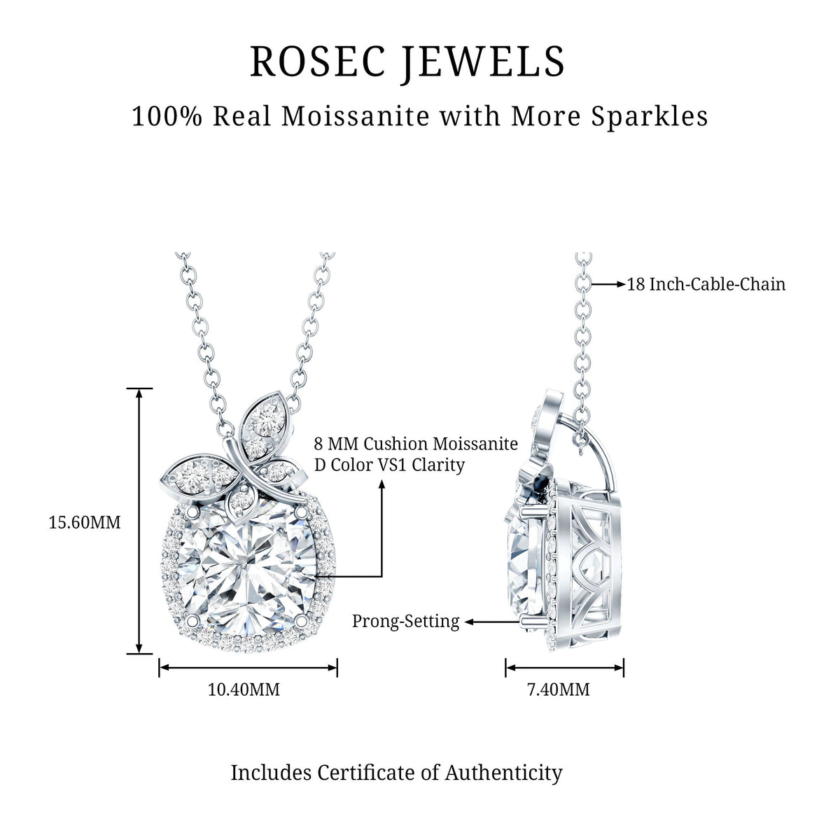 Certified 3 Carat Moissanite Designer Necklace with Silver Chain