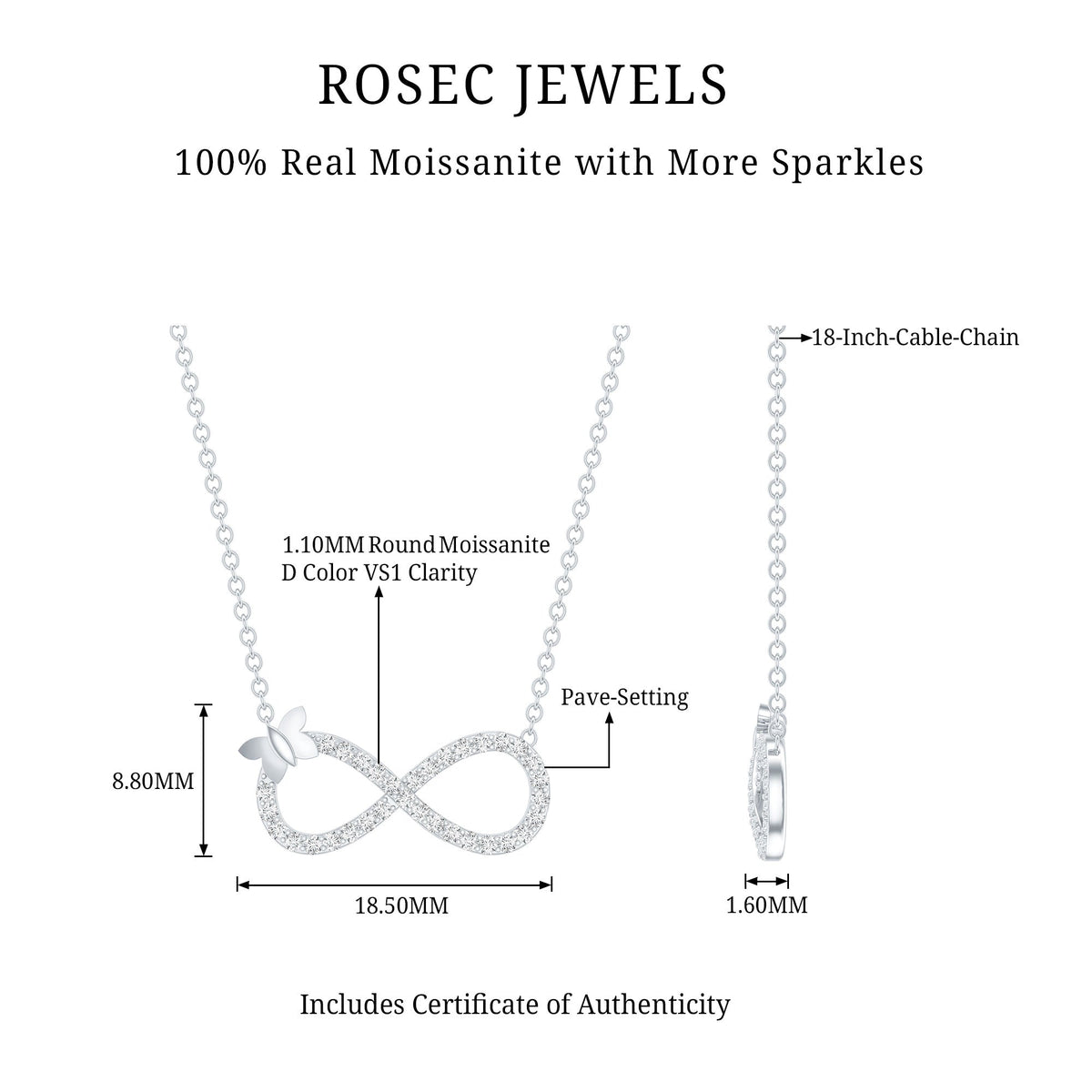 Certified Pave Set Moissanite Infinity Necklace with Butterfly