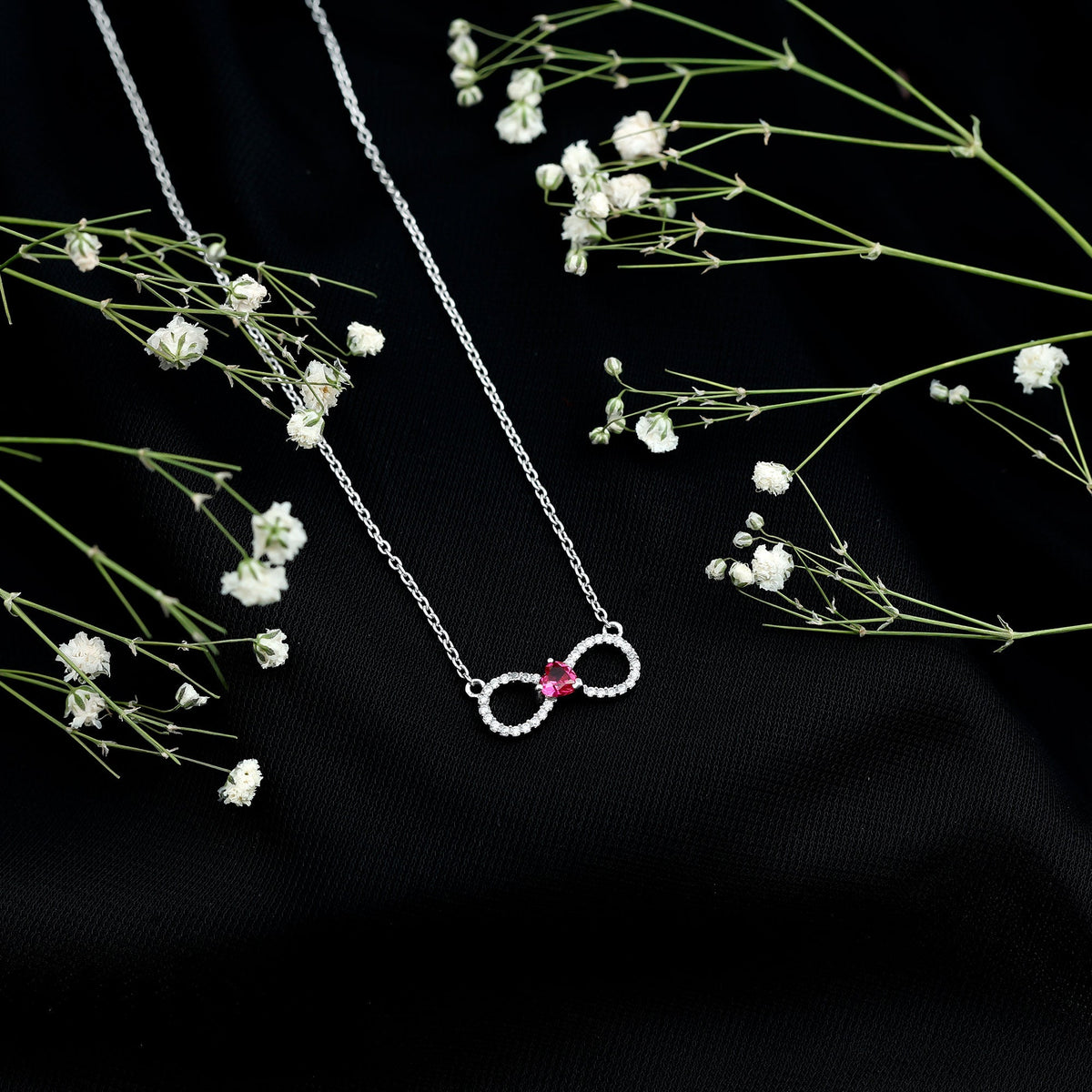Half Carat Lab Grown Ruby and Moissanite Heart Infinity Necklace For Her