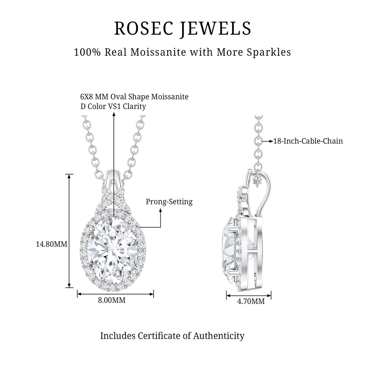 1 Carat Certified Moissanite Oval Pendant with Halo