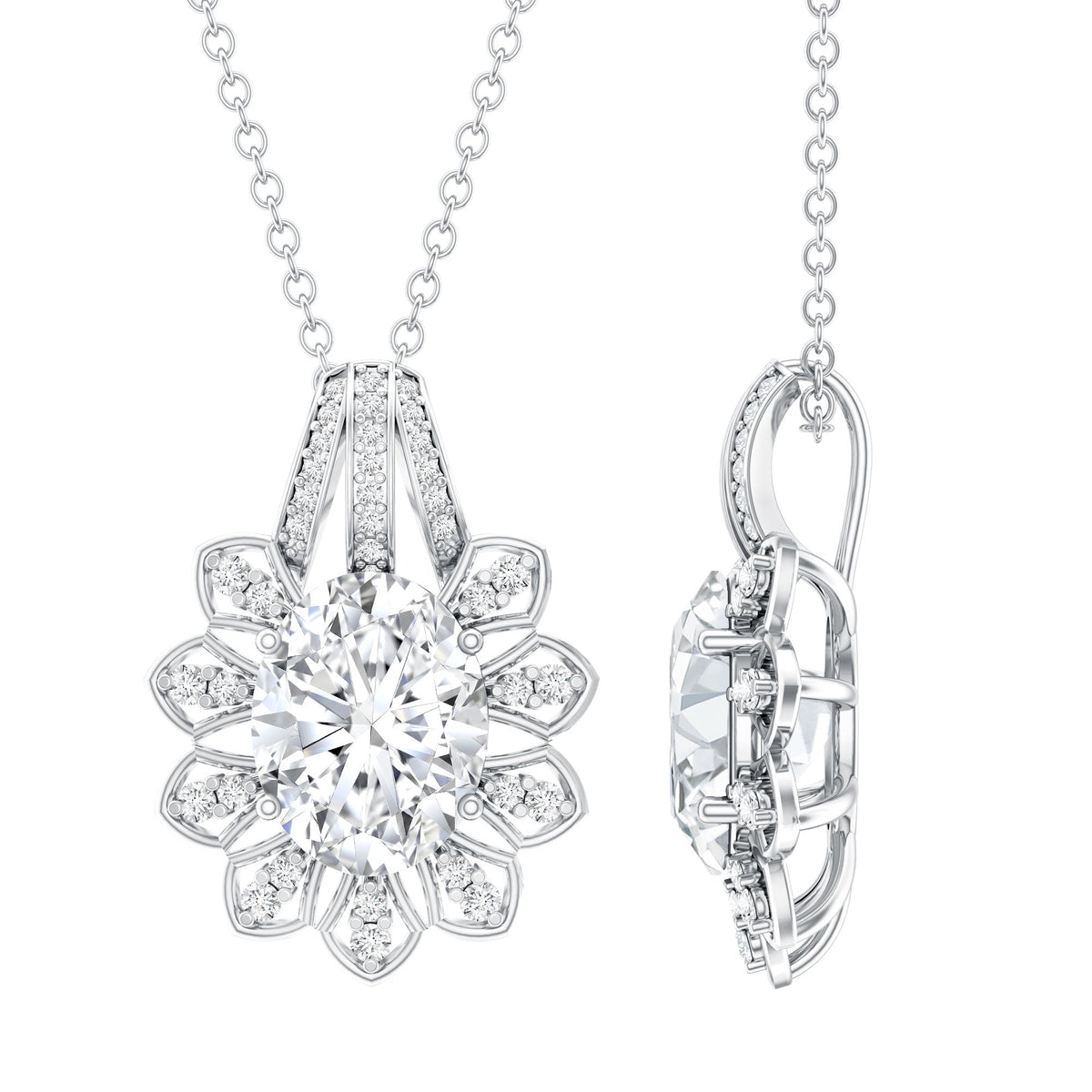 Certified 2 Carat Oval Moissanite Vintage Necklace with Silver Chain