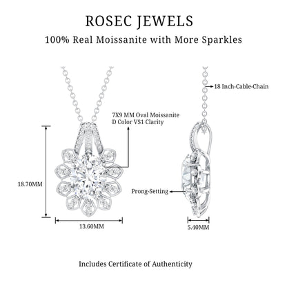 Certified 2 Carat Oval Moissanite Vintage Necklace with Silver Chain