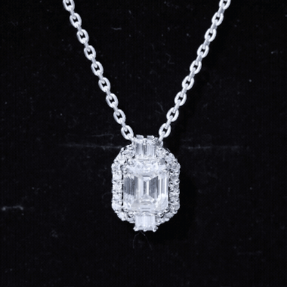 Vintage Inspired 2.8 Carat Emerald Cut Moissanite Halo Necklace
