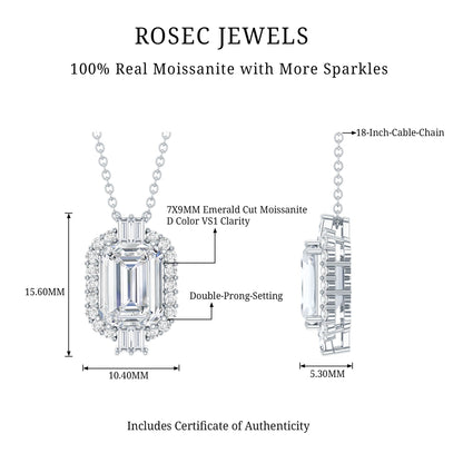 Vintage Inspired 2.8 Carat Emerald Cut Moissanite Halo Necklace